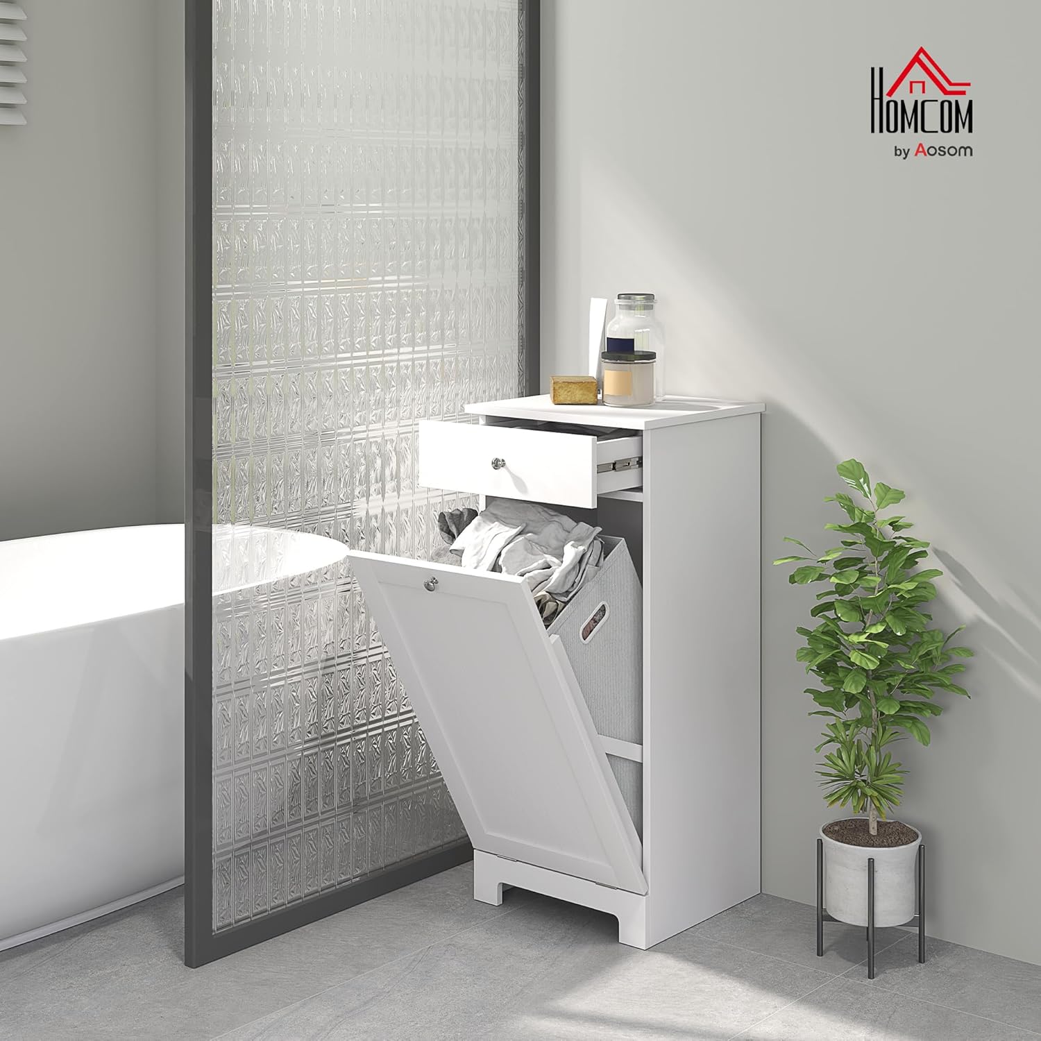 HOMCOM Laundry Cabinet with Removable Basket, Tilt Out Laundry Hamper with Drawer and Beadboard Door, Bathroom Hamper Cabinet, White