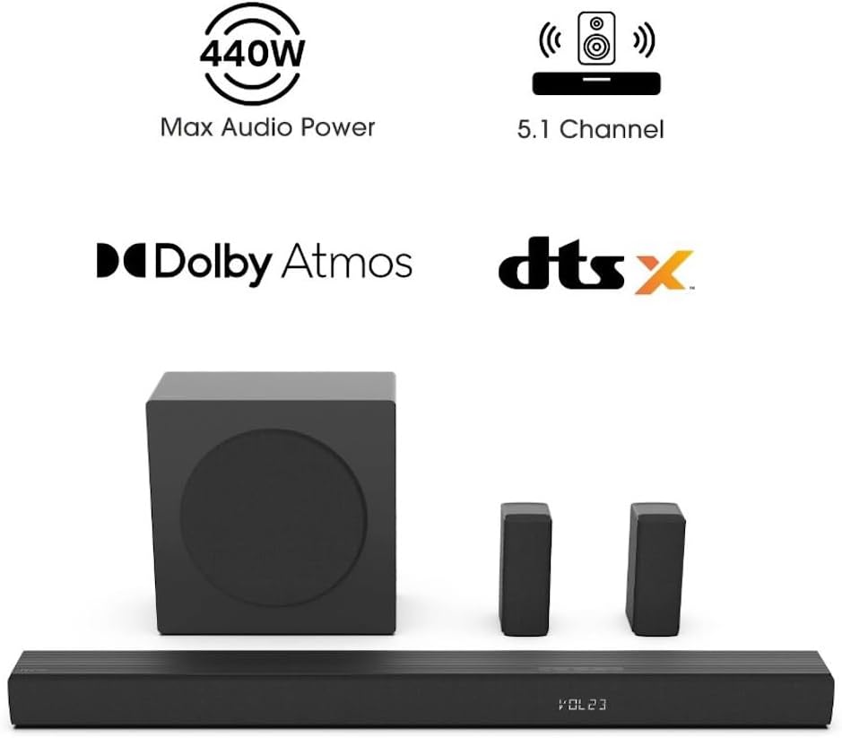 Hisense 5.1 Ch Soundbar with a Total of 440W Output, Rear Surround Speakers, 6.5” Wireless Subwoofer, Dolby Atmos and DTS Virtual X, Easy Connect - R652 (Renewed)