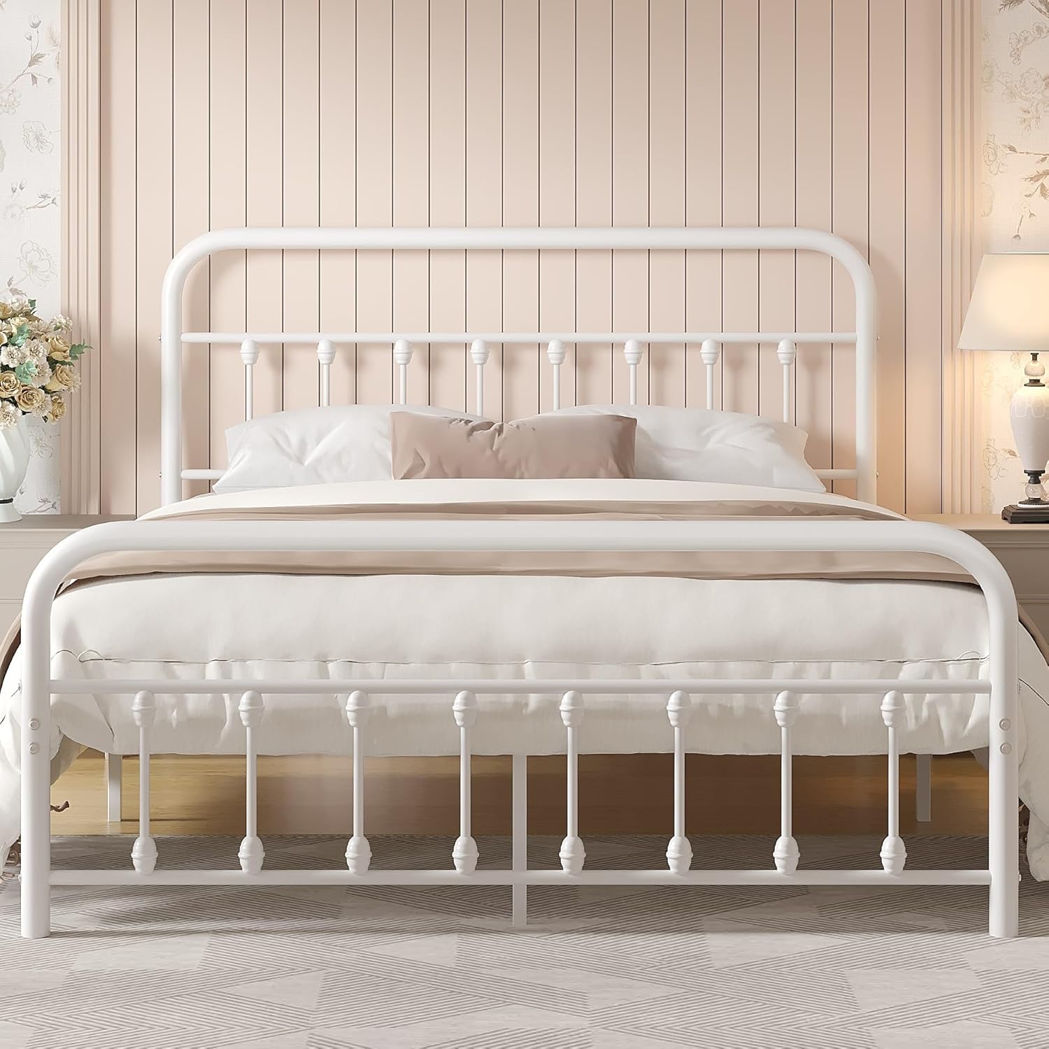 VECELO Classic White Victorian Style Metal Bed Frame with Headboard and Footboard Under Bed Storage No Box Spring Needed Strong Slat Suppor Bed Frame Full Size