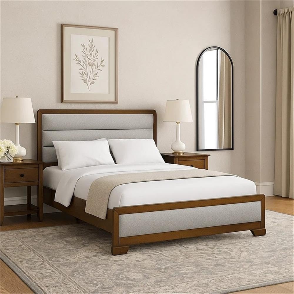 Pemberly Row Queen Bed with Channel Tufted Headboard, Light Gray Upholstered Fabric, Solid Wood Frame in Warm Brown, Sturdy Bracketed Legs, Includes Headboard, Footboard, Side Rails, Transitional