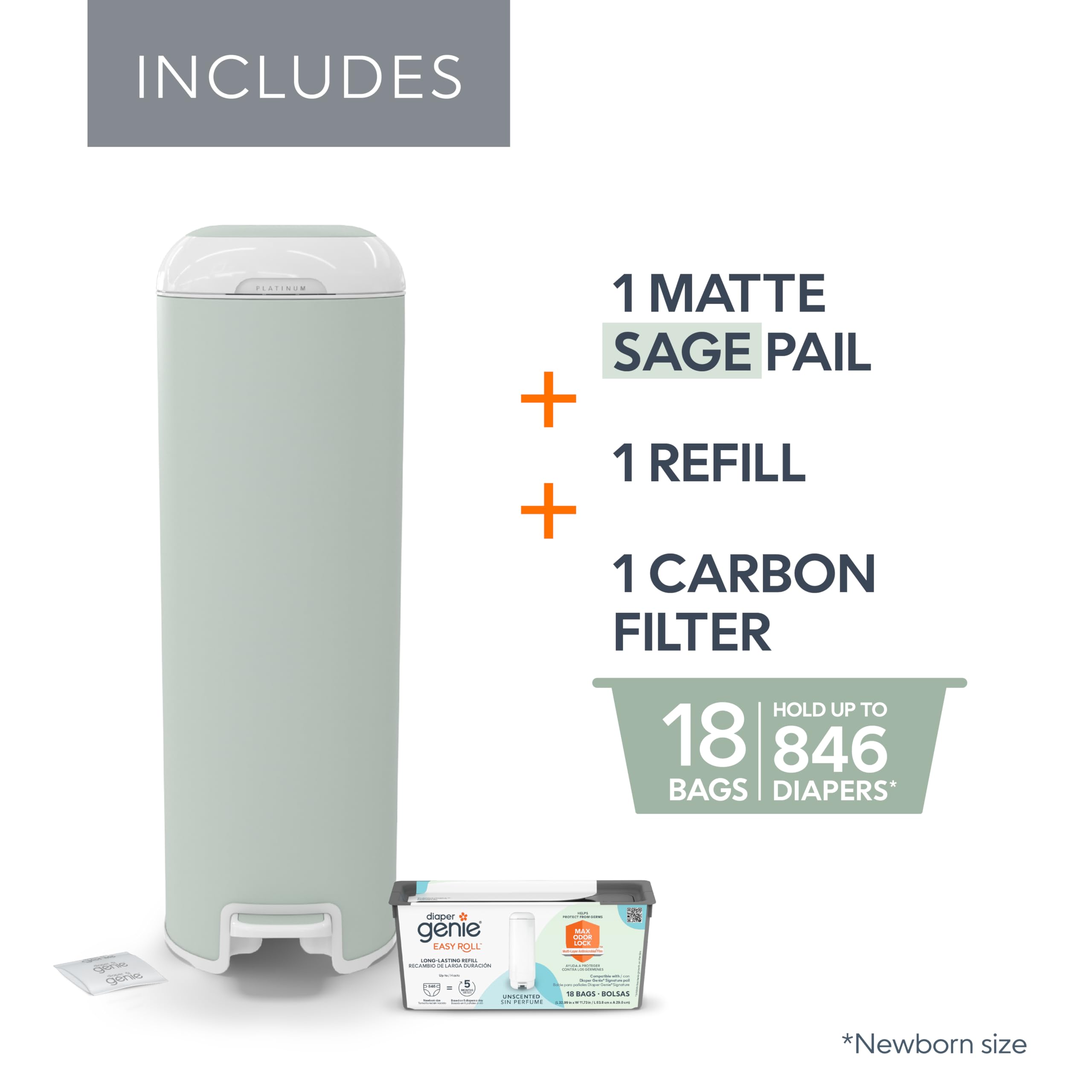 DIAPER GENIE Platinum Pail Sage Green Stainless Steel with Refill