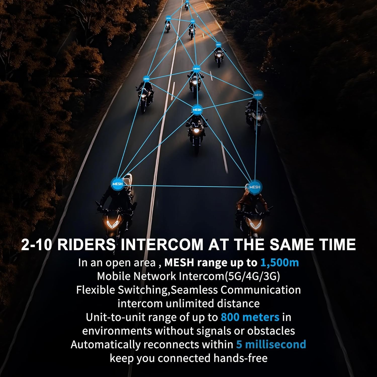 X10 Motorcycle Helmet Bluetooth Headset, 10 Riders Mesh 4.0 Motorcycle Intercom, Communication Systems with Music Share, Dual Noise Reduction, Voice Assistant, IP67, Black