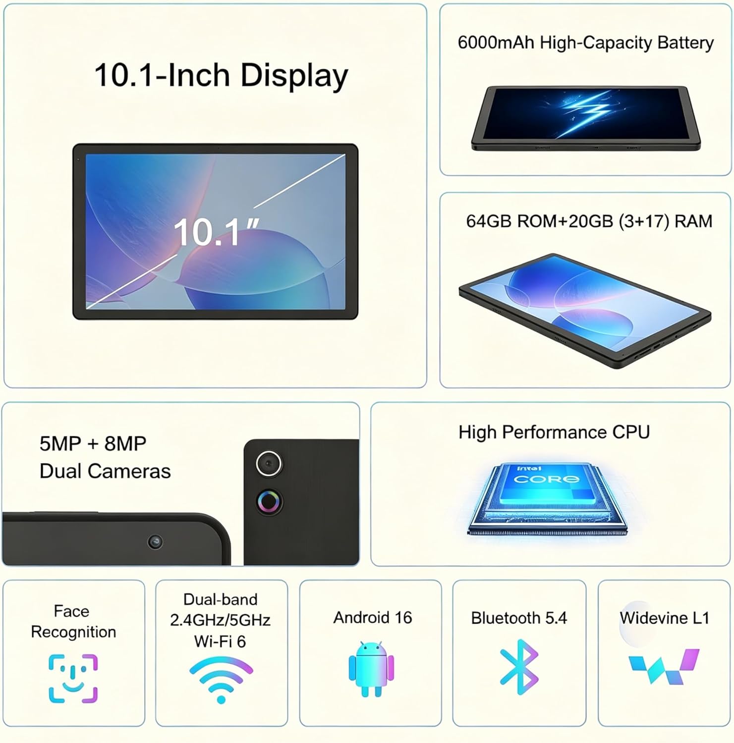 Latest 2026 Upgraded Android 16 Tablet 10.1 Inch with IPS HD Touch Screen, Dual Camera, 64GB Storage 1TB Expansion, 8 in 1 Tablets Kit with Keyboard, Protective Case, Mouse, Stylus, BT 5.4, WiFi 6