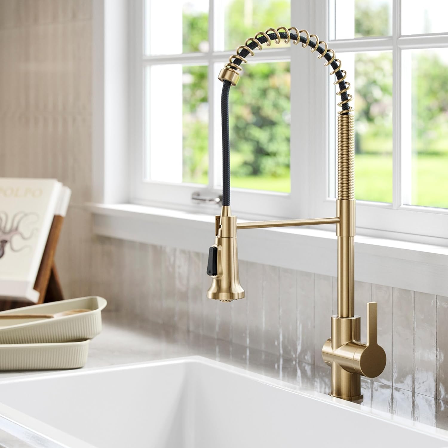 KRAUS Britt 2nd Gen Commercial Style Pull-Down Single Handle Kitchen Faucet in Spot Free Antique Champagne Bronze, KPF-1691SFACB