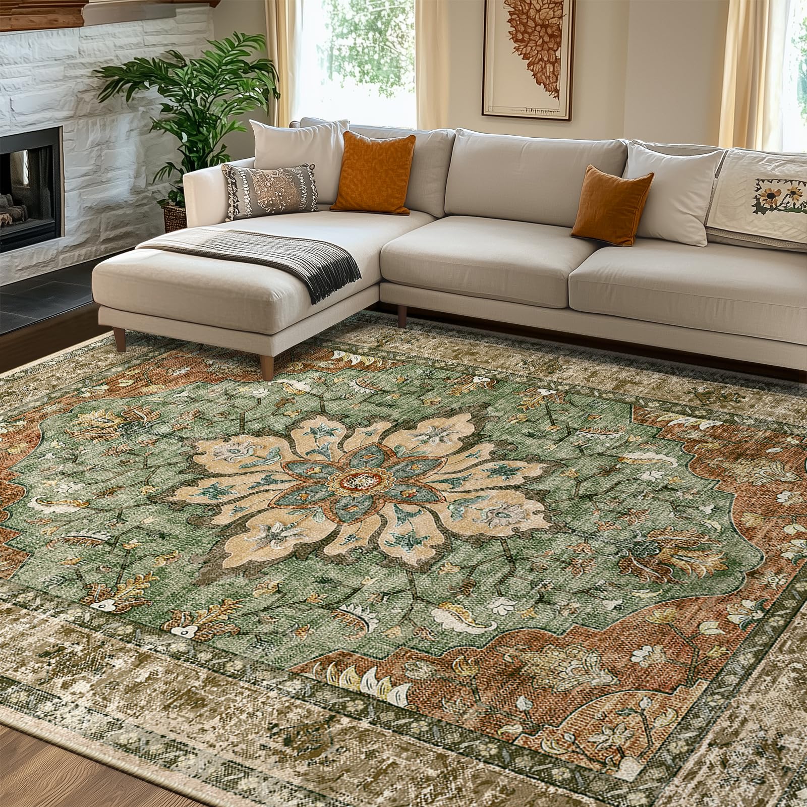 RELEANY Area Rugs 8'x10' Washable Non-Slip Floral Medallion