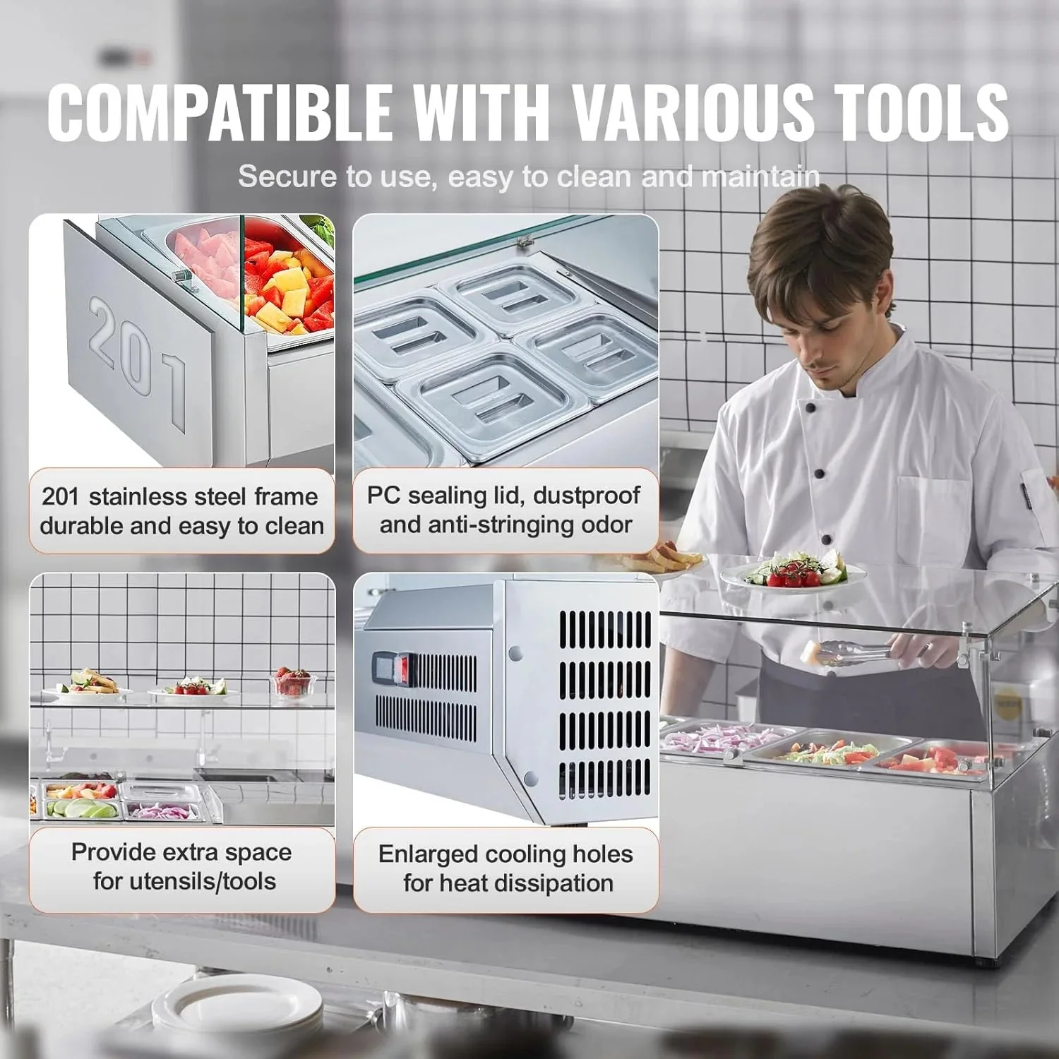 Refrigerated Condiment Prep Station, 135 W Countertop Refrigerated Condiment Station, with 2 1/3 Pans & 4 1/6 Pans, 304 Stainless Body and PC Lid, Sandwich Prep Table with Stainless Guard, ETL
