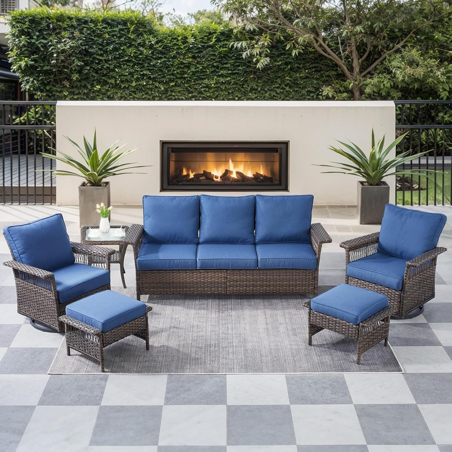 6 Pieces Wicker Patio Furniture Set - Hollow Widen Armrests Outdoor Swivel Glider Chairs and 3 Seat Sofa with Coffee Table & Ottomans for Balcony Porch Deck and Yard - Brown/Blue