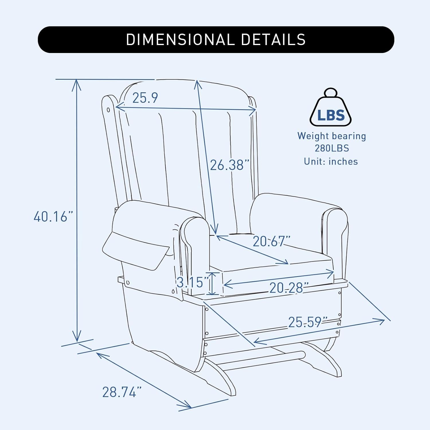 Wood Base Glider Rocker Chair, Baby Feeding and Rocking Chair Nursery Rocking Chairs with Silent Swing Solid Hardwood Base for Nursery, Living Room, Bedroom, Classroom(Blue)
