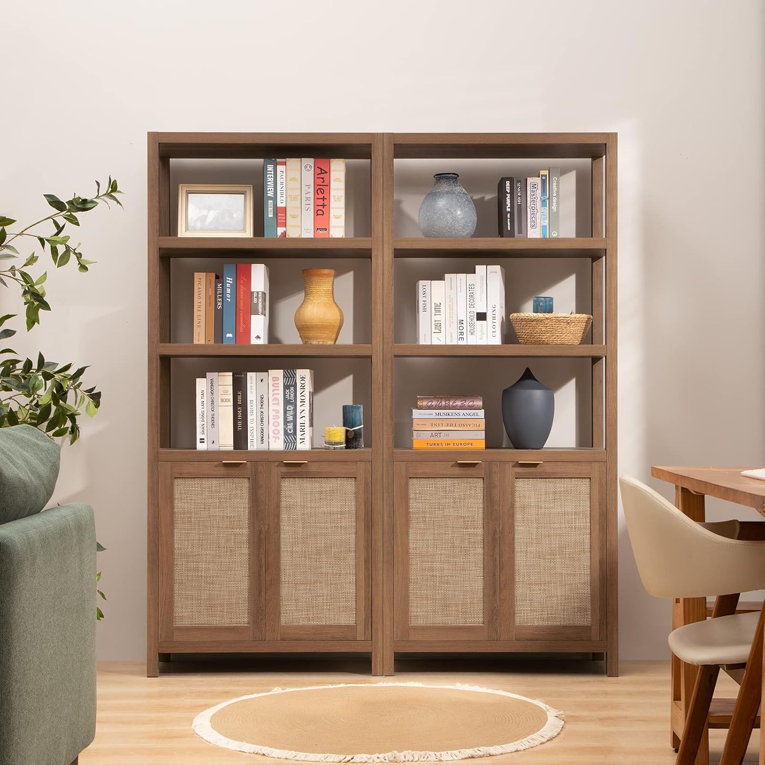 SICOTAS Bookshelf 5 Tier Book Shelf Rattan Boho 71
