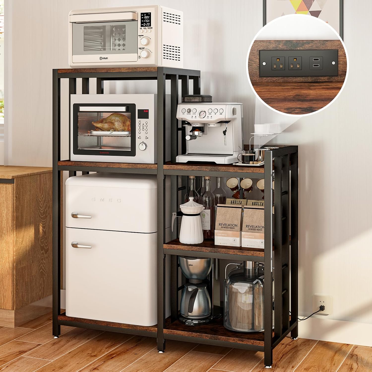 METYERRY 6-Tier Adjustable Mini Fridge Cabinet with Power Outlet,Kitchen Bakers Rack with Storage,Mini Fridge and Microwave Stand,Coffee Bar, Free Standing Shelf for Kitchen, Home Office,Rustic Brown