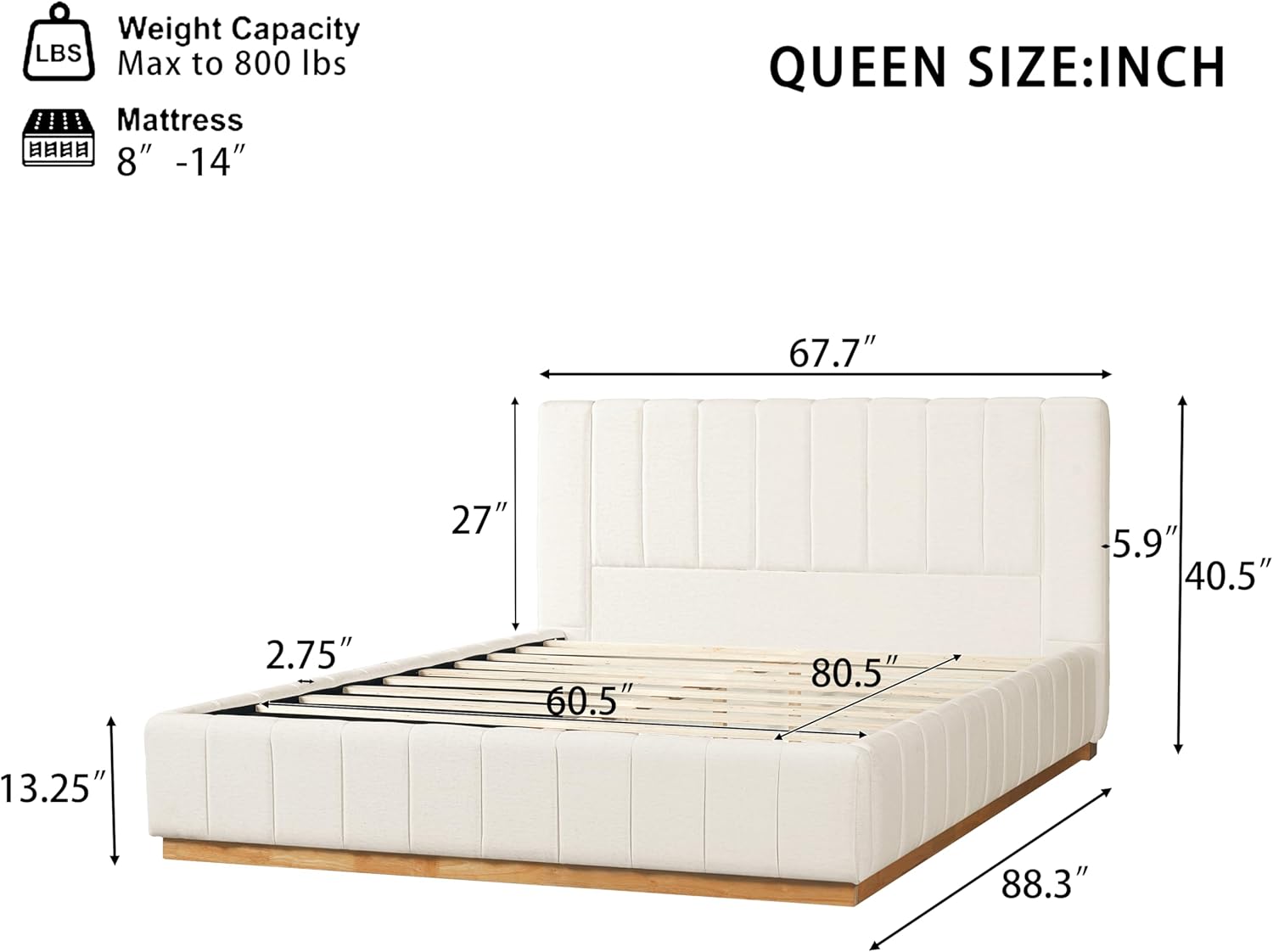 Merax Queen Size Upholstered Platform Bed with Thick Headboard and Footboard, Modern Solid Wood Cloud Floor Bed Frame Striped Vertical Quilted Fabric, 800 lbs Capacity for Bedroom, Beige