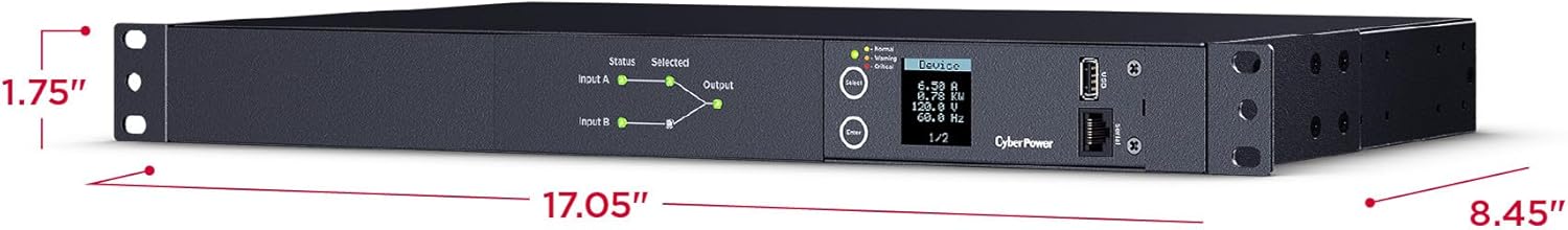 CyberPower PDU24002 Metered ATS PDU, 100-120V, 20A (Derated to 16A), 10 Outlets, 1U Rackmount