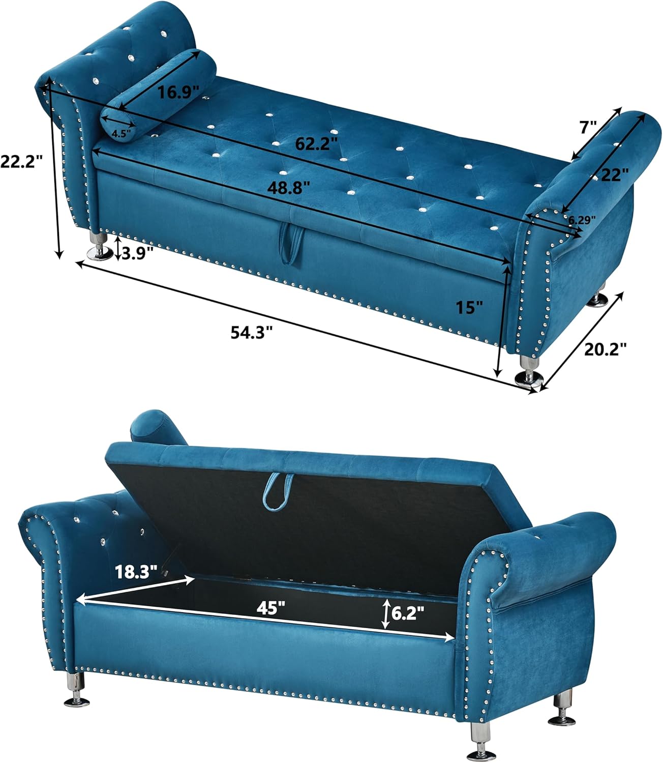 62.2-Inch Soft Velvet Storage Ottoman with Crystal Accents & Cushion, Ideal for Home Decor (Blue)