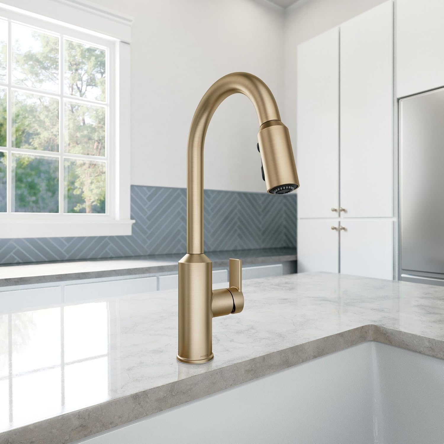 Moen Meena One Handle Kitchen Faucet with Pull Down Sprayer, High Arc Kitchen Sink Faucet Featuring Reflex System and Duralock Quick Connect, Bronzed Gold, 87270BZG