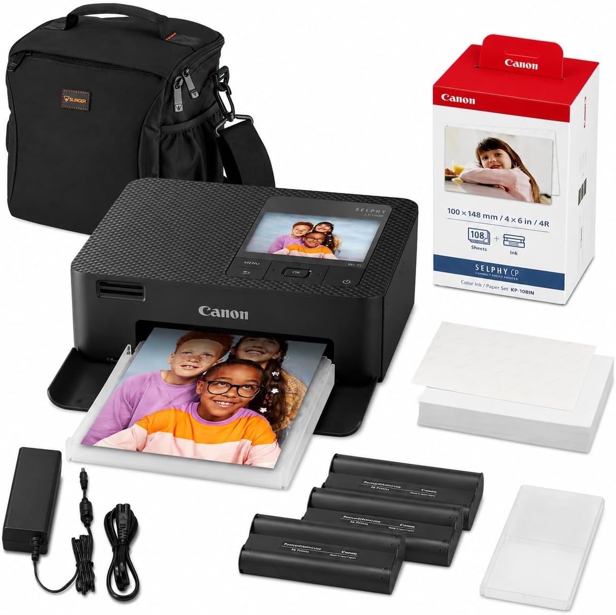 Canon SELPHY CP1500 Wireless Compact Photo Printer White Bundle with KP-108IN Color Ink & Paper Set, Slinger Alpine 160 Shoulder Bag, Power Adapter, Paper Cassette and AC Cable (Black)