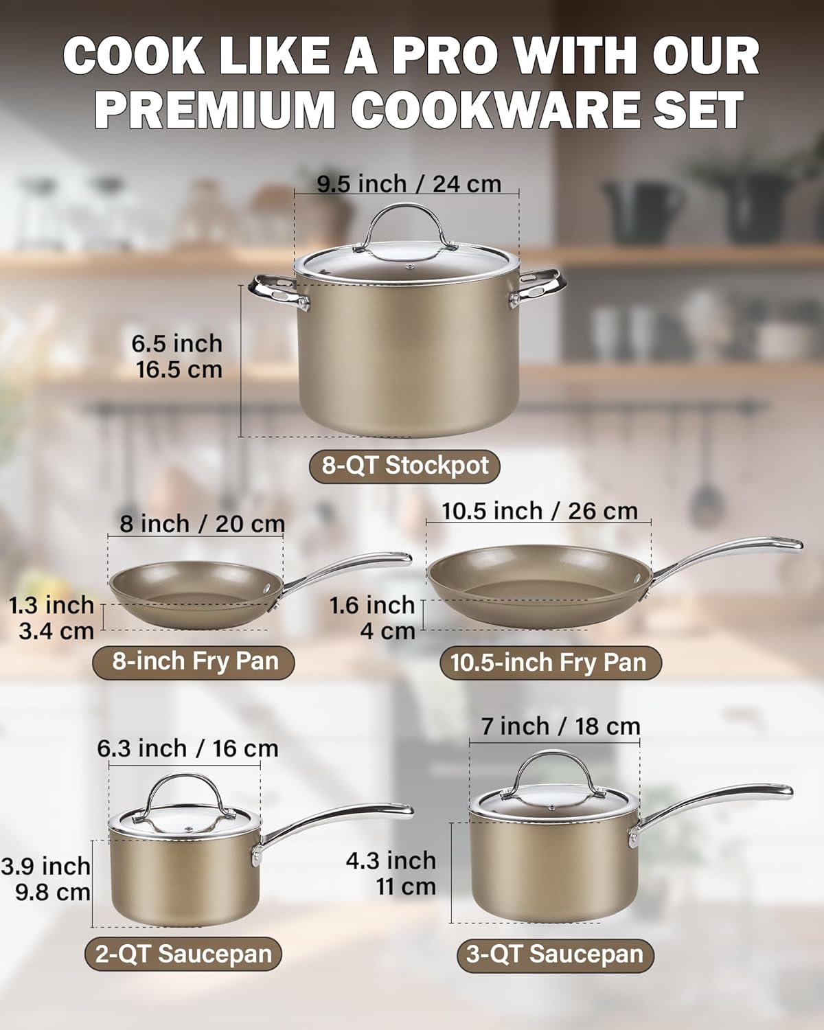 Cooks Standard 8-Piece Kitchen Cookware Set, Hard Anodized Ceramic Nonstick Induction Pots and Pans Includes Saucepans, Stockpot with Lids, Frying Pans, Bronze