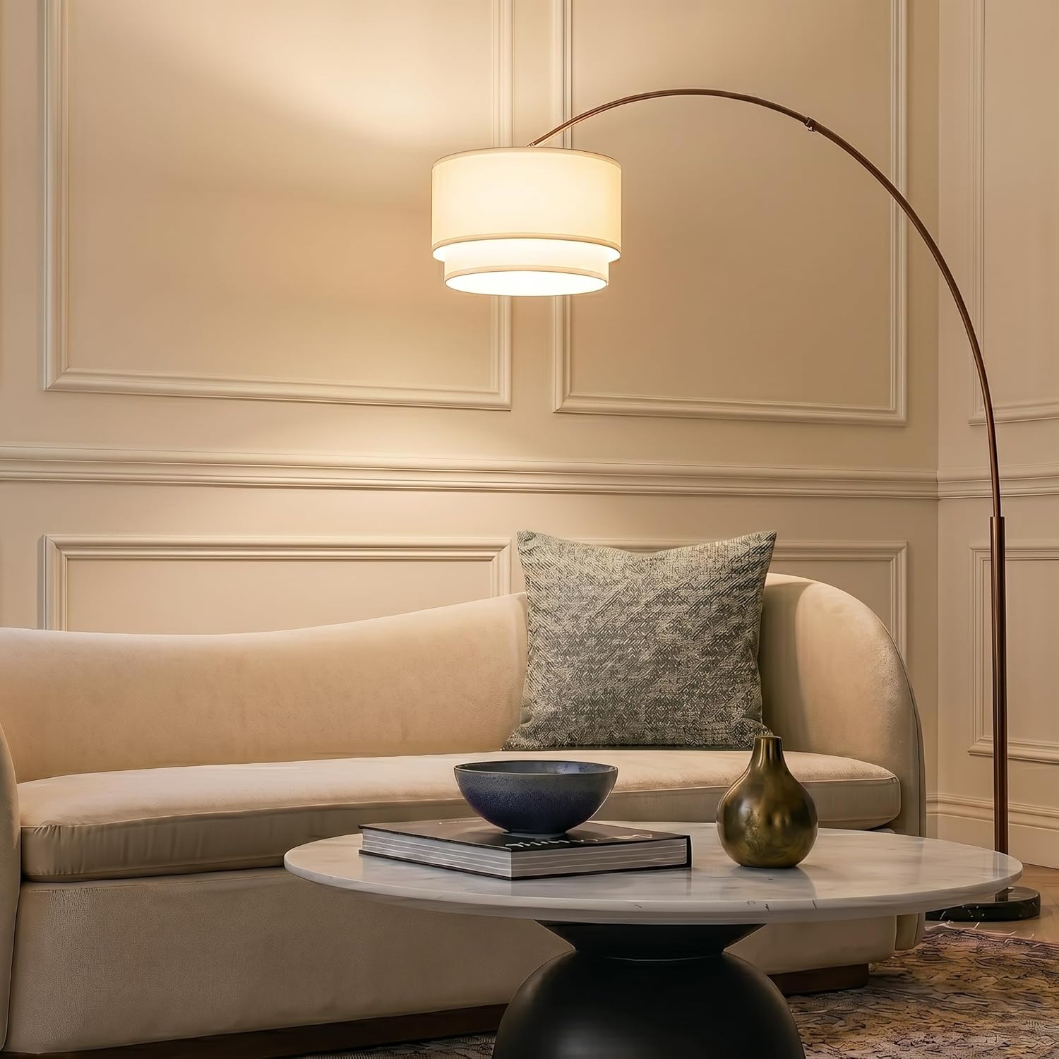 Brightech Mason Arc Floor Lamp - Modern Corner Standing Lamp with Unique Hanging Drum Lamp Shade for Living Room - Bright Overhead, Curved Hanging Light for Bedroom. Library, Den - Bronze