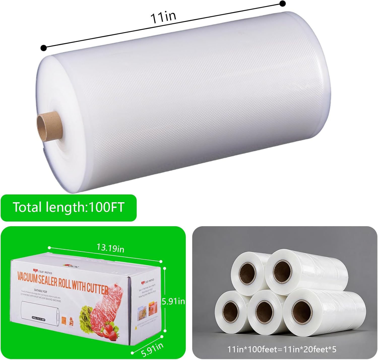 L'ELEF MISTICO Vacuum Sealer Bags Rolls 11''X100' with Cutter Box, Commercial Grade, BPA Free, Heavy Duty Food Storage Freezer Bags