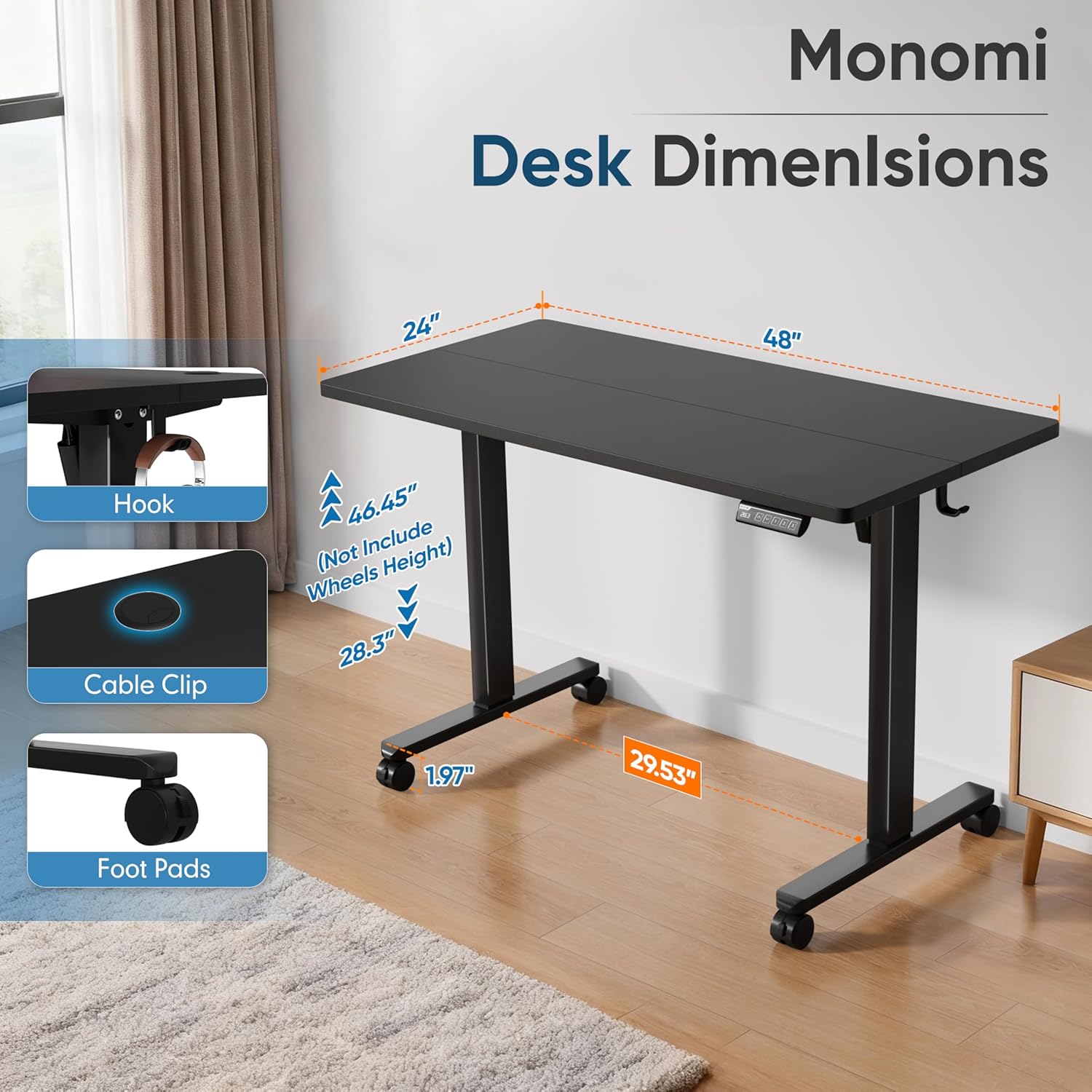 Monomi Electric Height Adjustable Standing Desk, 48x24 Inches, Ergonomic Home Office Sit/Stand Up Desks (Black Steel Frame/Black Top)