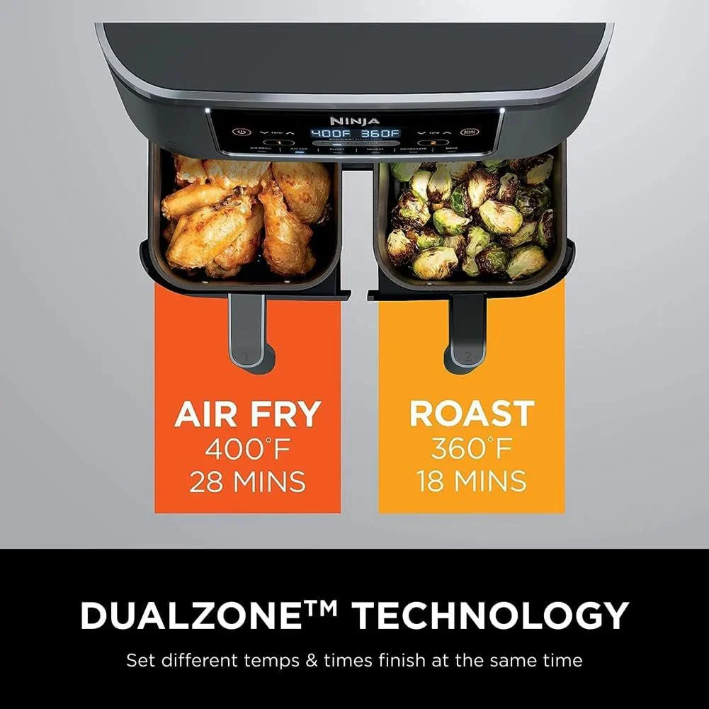 Ninja Foodi 10QT 6-in-1 DualZone Smart XL Air Fryer, 2 Independent 5QT Baskets, Smart Cook Thermometer, Match Cook, Smart Finish, Air Fry, Roast, Bake, Dehydrate, Reheat, Grey, DZ550