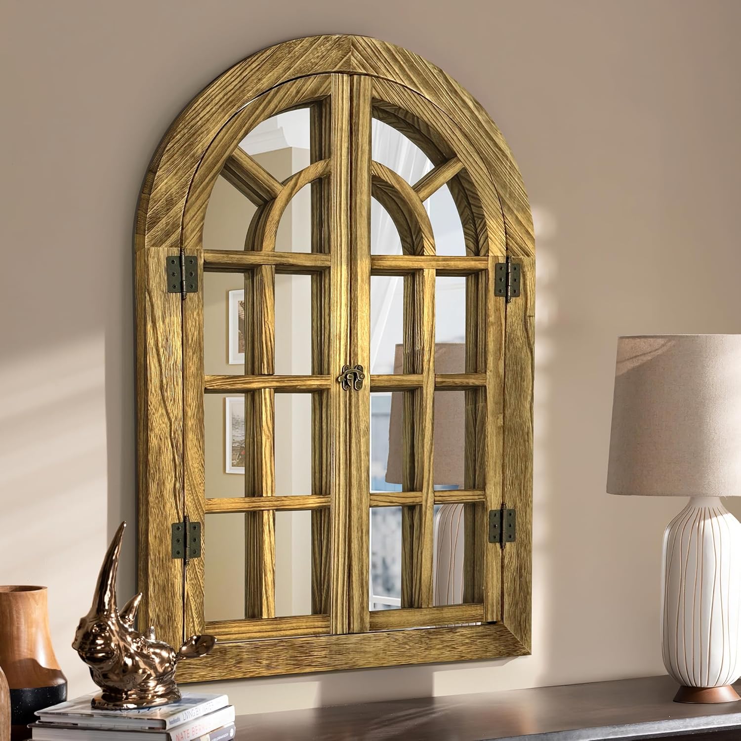 Dorlicecass Arched Wall Mirror -Window Mirrors for Wall Decor Wood Frame Farmhouse Decor Decorative for Bedroom, Living Room, Entrance, Dining Room Single Piece x1(Wood, 20