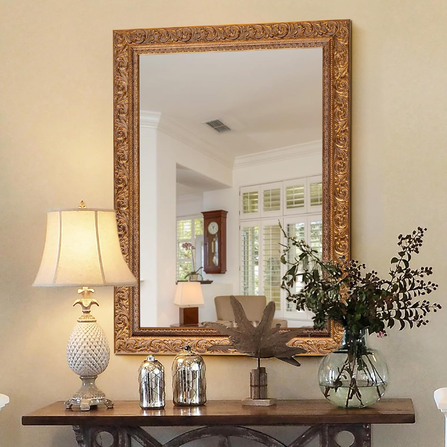 Chende Gold Wall Mirror 42''x30'', Large Dinging Room Mirror with 3D Wooden Carving for Wall Decor, Elegant Vintage Decor Fit for Living Room, Bathroom, Entryway, Fireplace
