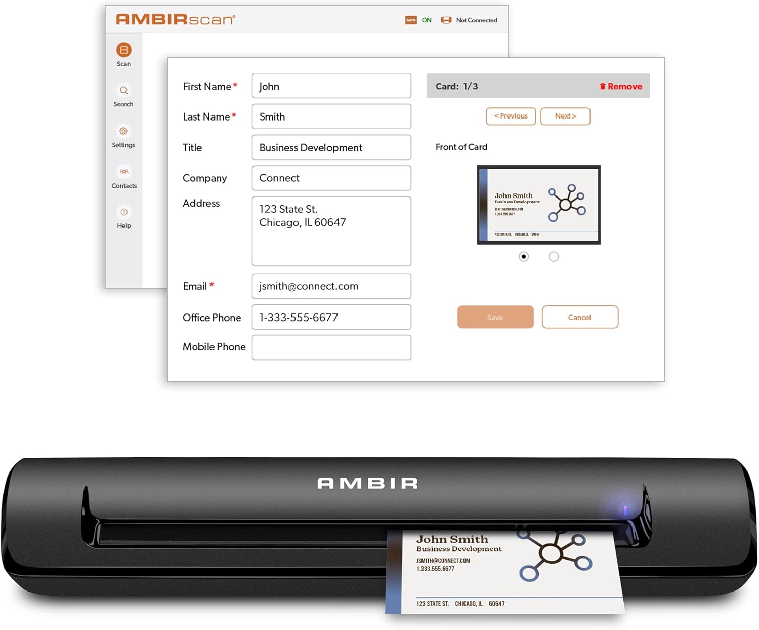 Ambir TravelScan Pro 600-BCS Simplex Document Scanner with AmbirScan Business Card for Windows PC and MAC
