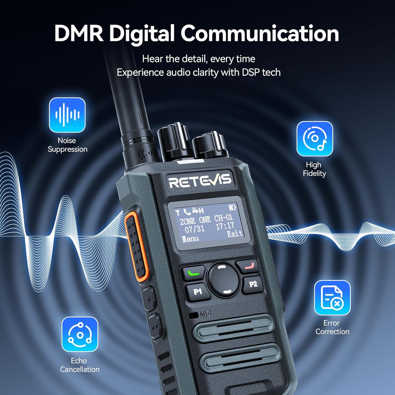 Retevis MateTalk P3 Digital Walkie Talkies with Earpiece, High Power,Compatible with Motorola Radio,DMR & Analog Dual Mode 2 Way Radio with SMS, LCD Screen, Professional Radio for Hotel(4 Pack)