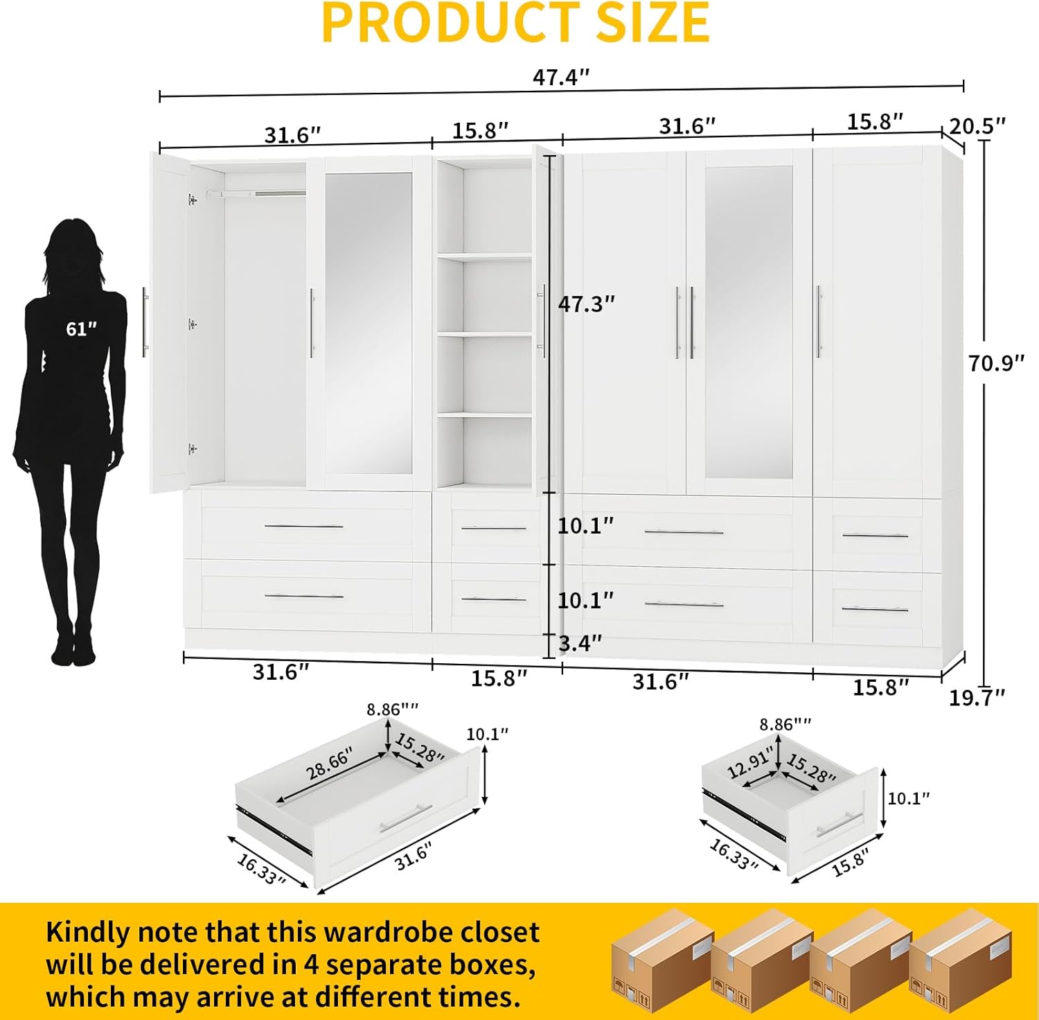 Armoire Wardrobe Closet with 8 Deep Drawers, Wooden Wardrobe Closet with Doors and Shelves, 71