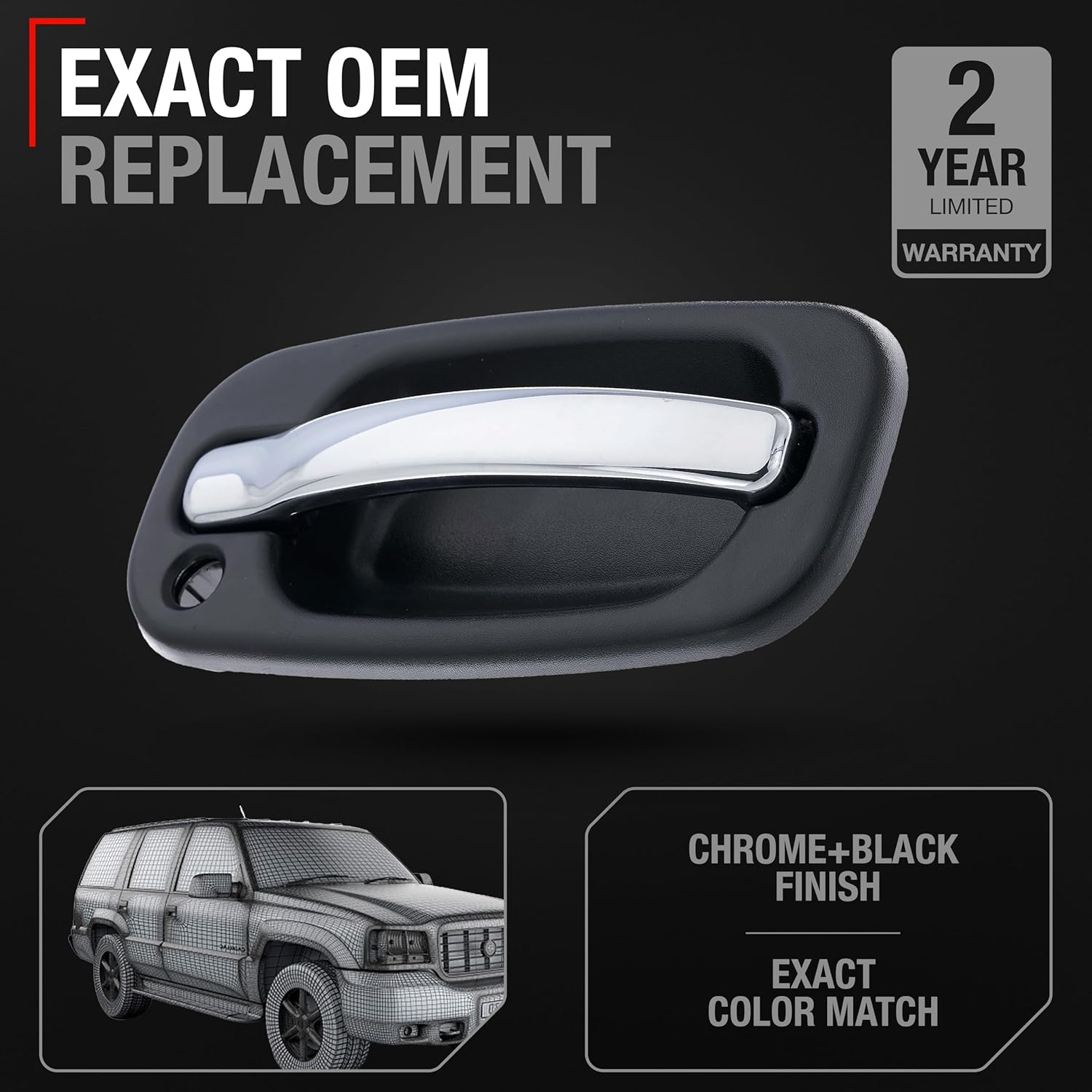 Exterior Front Passenger Door Handle - Compatible with 1999-2006 Chevrolet Silverado, Suburban, Tahoe, Avalanche; 99-06 GMC Sierra, Yukon; 99-06 Cadillac Escalade - Chrome, Black - OEM 15745148, 8054