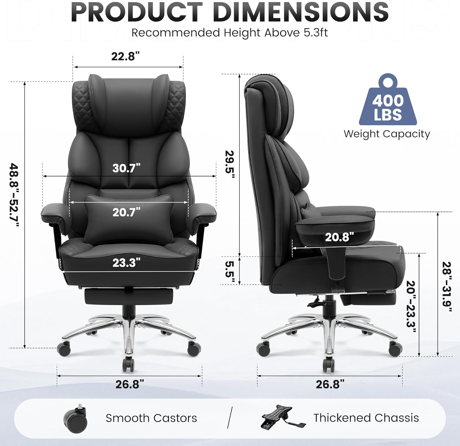 BestGlory Office Desk Chair, Big and Tall Leather Gaming Chair with Footrest, Wide Ergonomic Comfy Executive High-Back Reclining Computer Chairs, Swivel Rolling Wheels and Padded Lumbar Support, Black