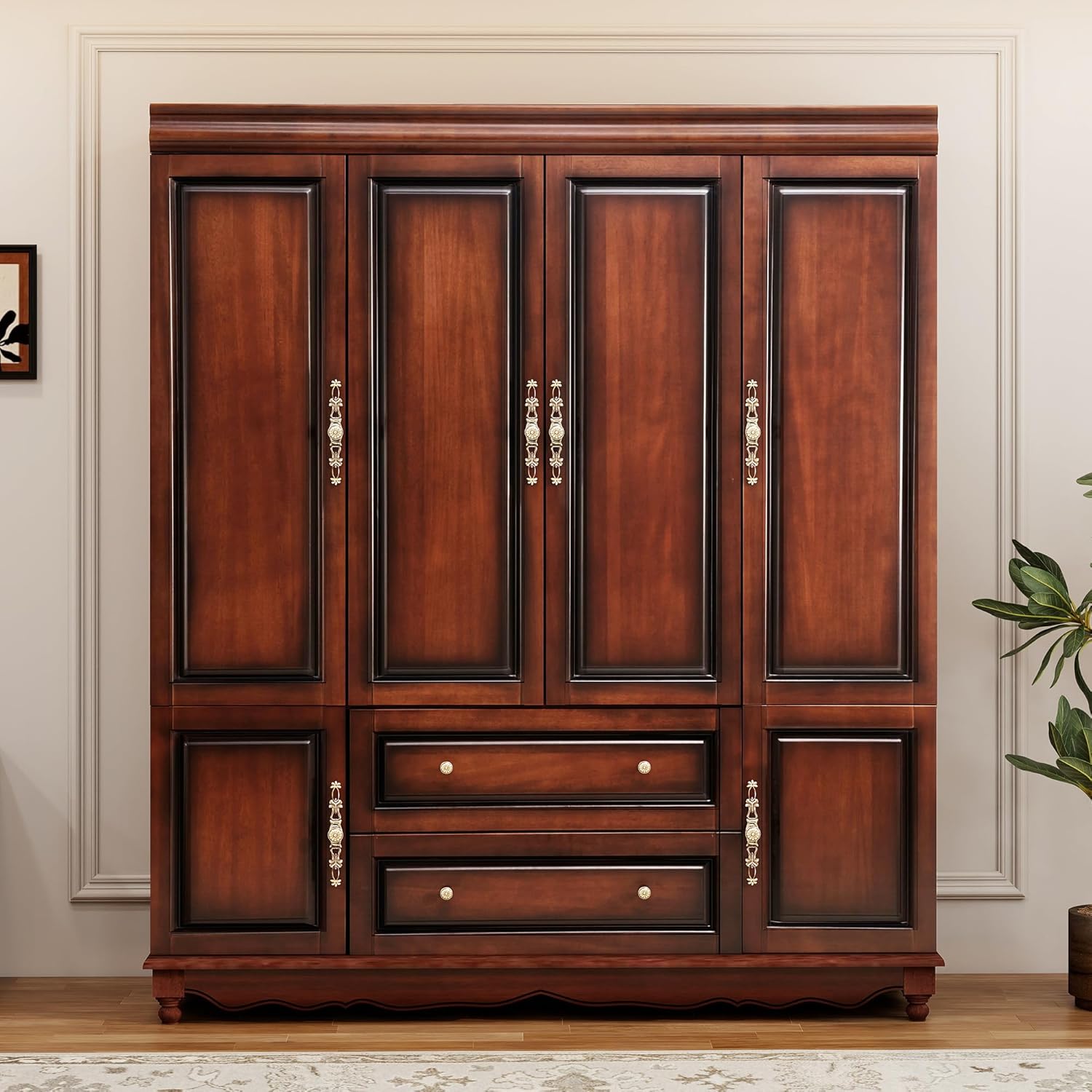Solid Wood Armoire Wardrobe Closet with Cherry Finish, 61.42