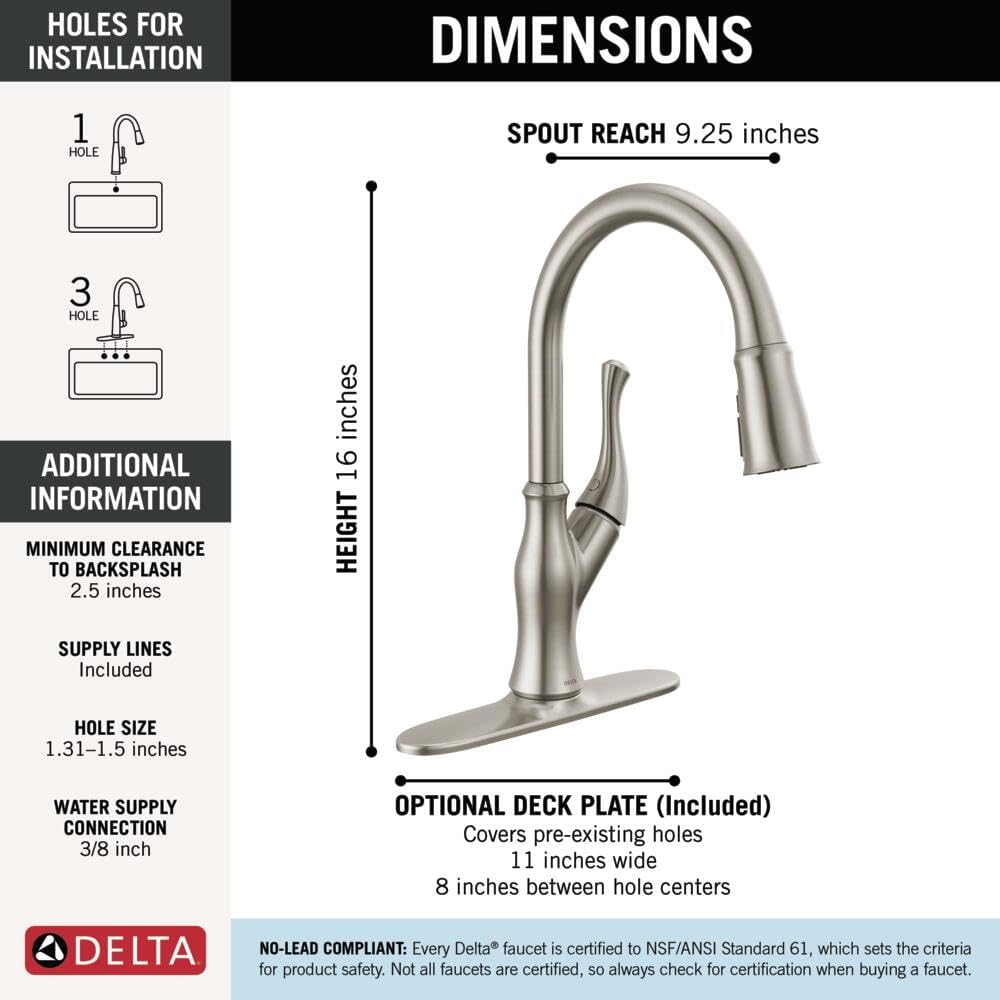 Delta Ophelia Brushed Nickel Kitchen Faucet with Pull Down Sprayer, Modern Single Hole Kitchen Sink Faucet, Single Handle, SpotShield Stainless 19888Z-SP-DST