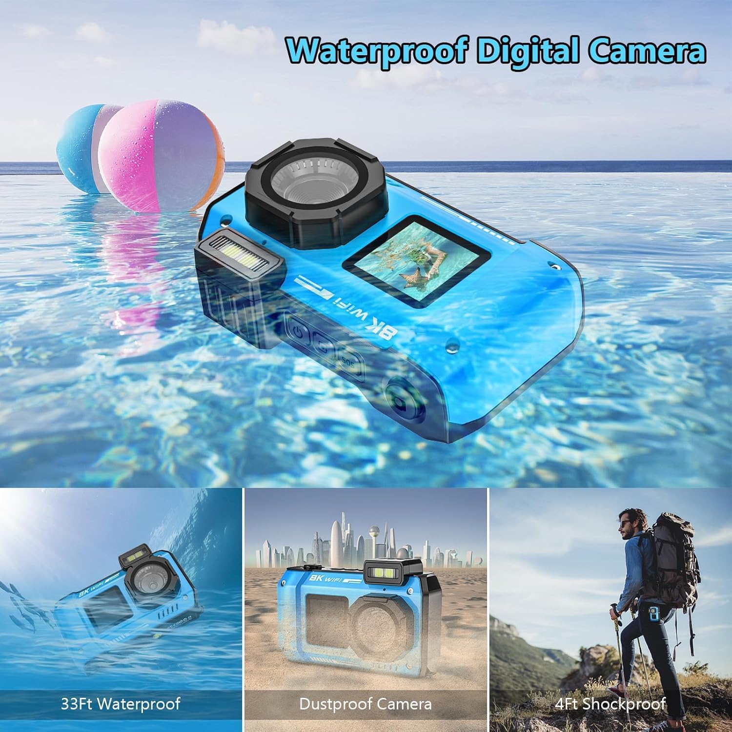 UHD 8K Underwater Camera, 70MP 33FT WiFi Waterproof Digital Camera with 64GB Card, Auto Focus Waterproof Dual-Screen Selfie 2500mAh Battery, 18X Floatable Digital for Snorkeling