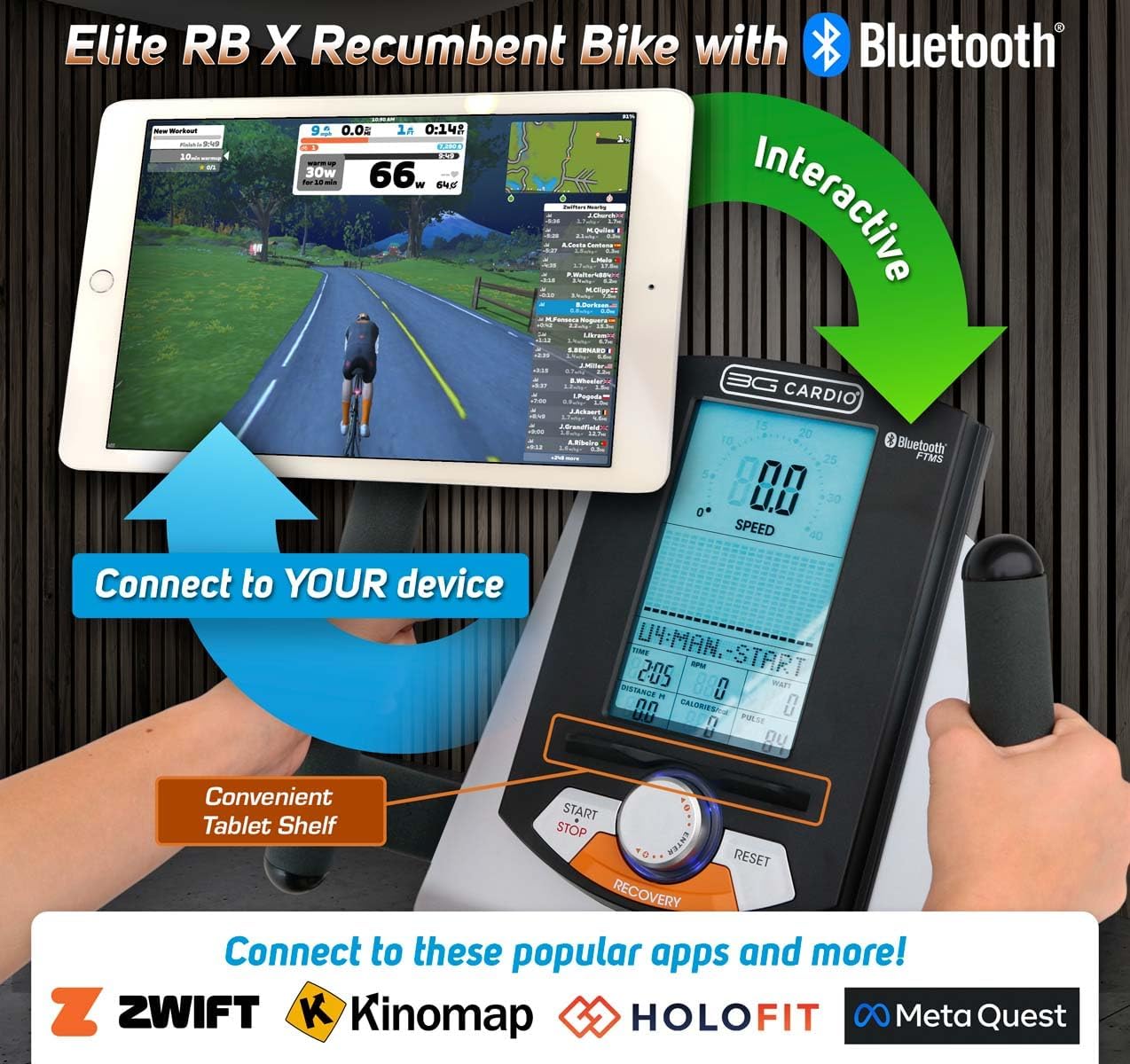 3G Cardio Elite RB X Recumbent Exercise Bike - FreeSync FTMS Bluetooth Smart App Connectivity - Compact 49