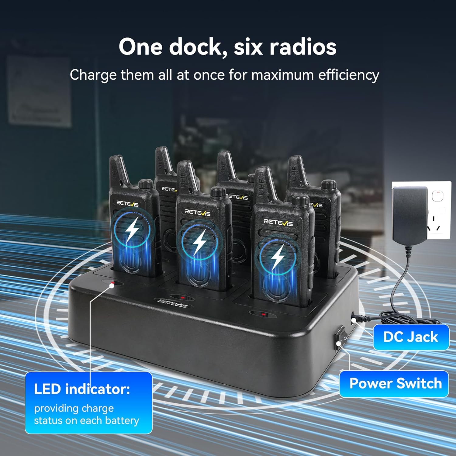 Retevis RT22S 2 Way Radios Rechargeable,Long Range Walkie Talkies with Earpiece and Mic Set,Channel Display,Signal Prompt,Handsfree Portable Two-Way Radio(6 Pack) with 6 Way Multi Gang Charger