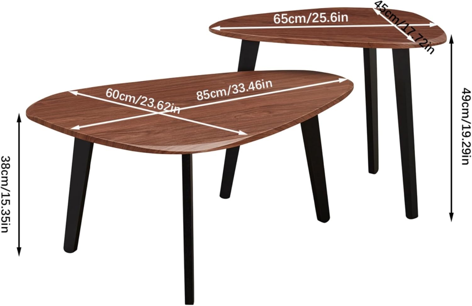 Nesting Coffee Table Set of 2-Mid Century Modern Guitar Pick Stacking Tables with Solid Wood Legs-Waterproof Triangle Center Side End Table for Small Living Room,Apartment,Balcony (Walnut)