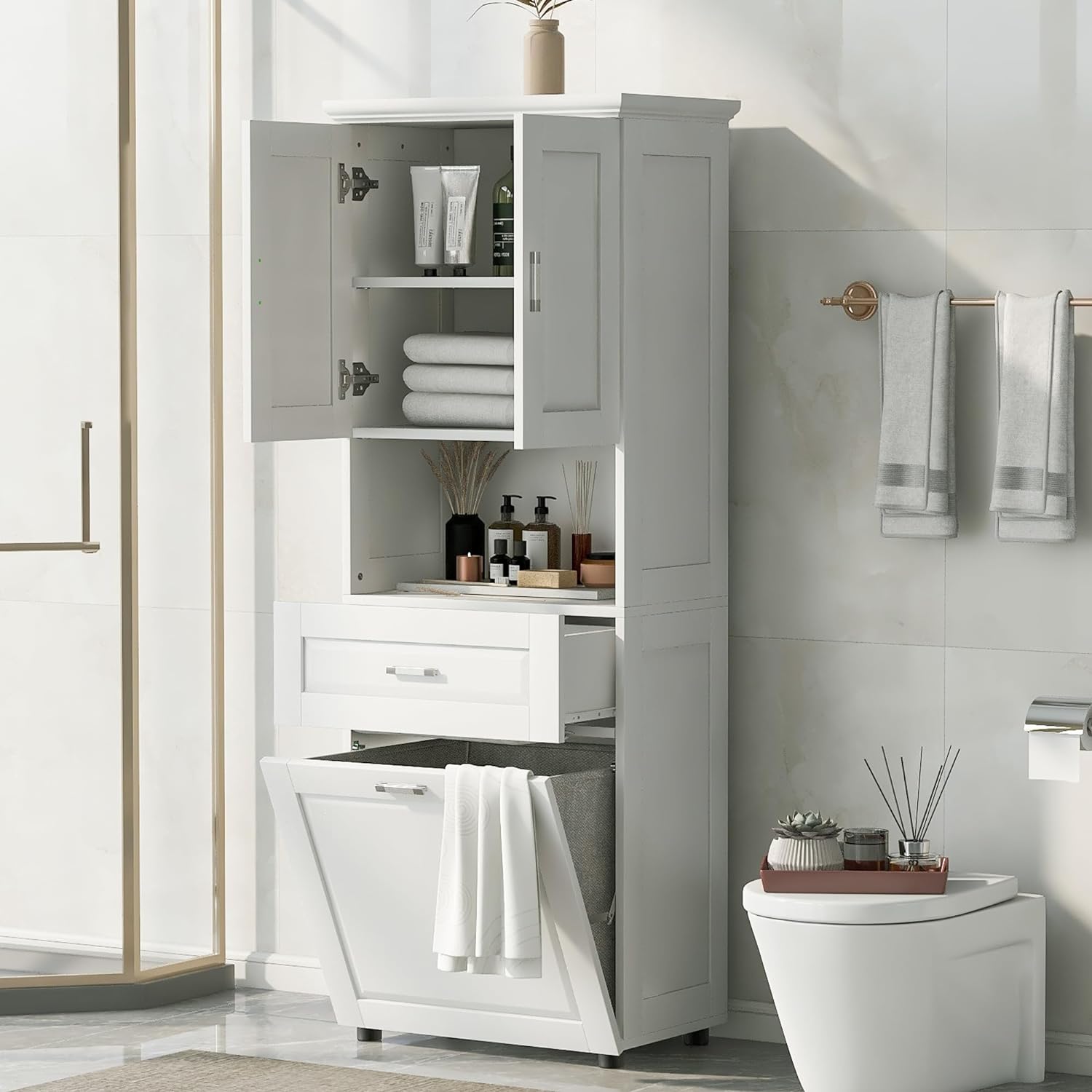 Tall Storage Cabinet, Bathroom Floor Freestanding Storage Cabinet with 2 Doors, One Drawer, and Tilt-Out Laundry Hamper for Bathroom, Office, Living Room, White