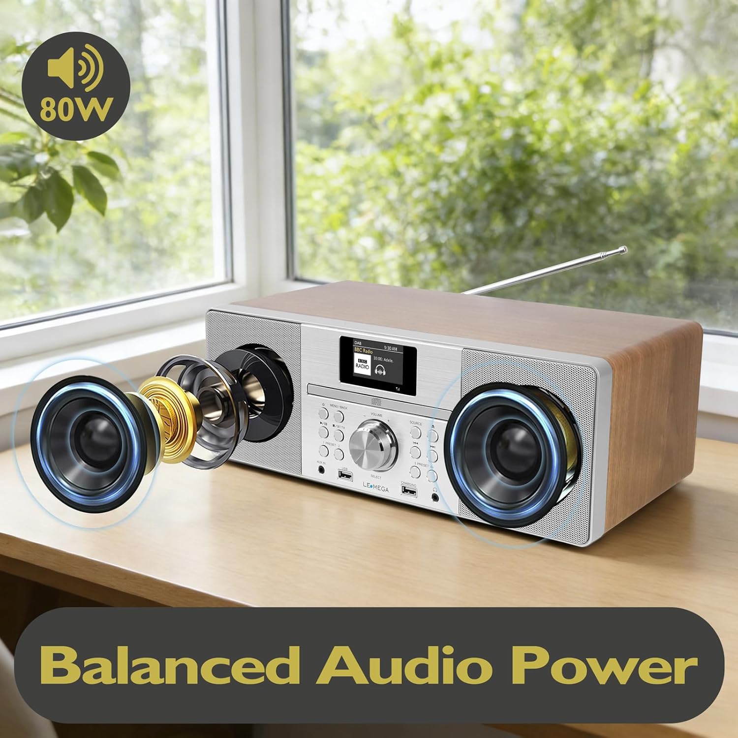 LEMEGA MSY1+ CD Player with FM Radio, Bluetooth Streaming, 80W Stereo HiFi System, Full Colour Display, 30 Presets, Remote Control, Acoustic Wooden Cabinet - Dark Walnut