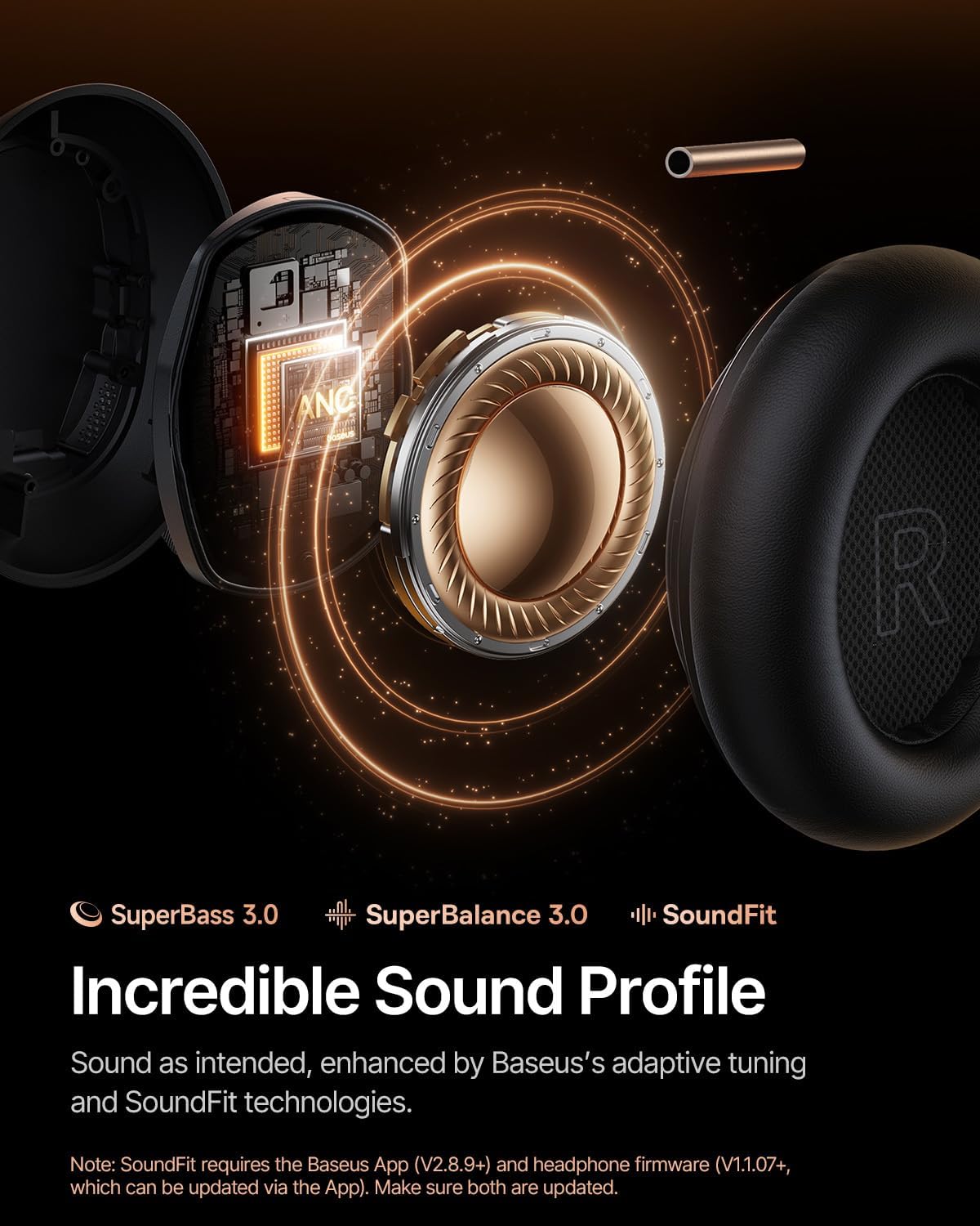 Baseus Inspire XH1 Adaptive Active Noise Cancelling Headphones, Sound by Bose, Dolby Audio, Premium Real-Time Adaptive ANC, Adaptive Tuning Rich Sound, Hi-Res Audio, 100H Playtime - Cosmic Black