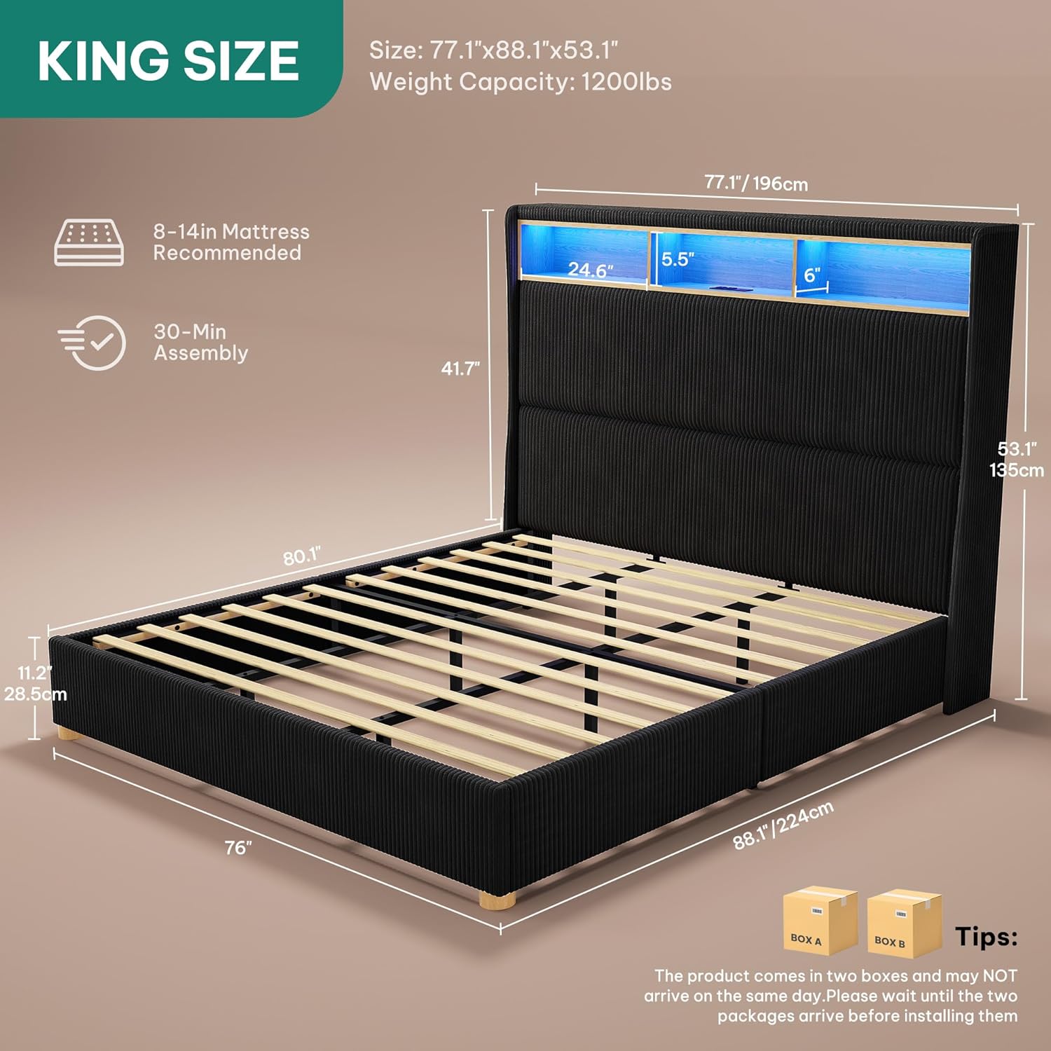 YITAHOME King Size Corduroy Upholstered Platform Bed Frame with Charging Station and RGB LED Lights, 53'' Tall Storage Wingback Headboard, No Box Spring Needed, Easy Assembly, Noise-Free, Black
