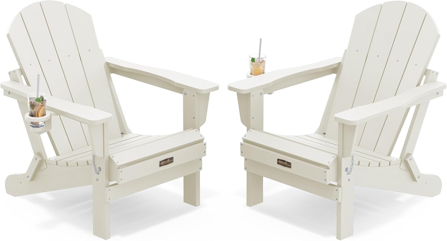 SERWALL Folding Adirondack Chair Set of 2, All Weather Patio Chair with Wood Texture, Fire Pit Chairs for Outdoor - White