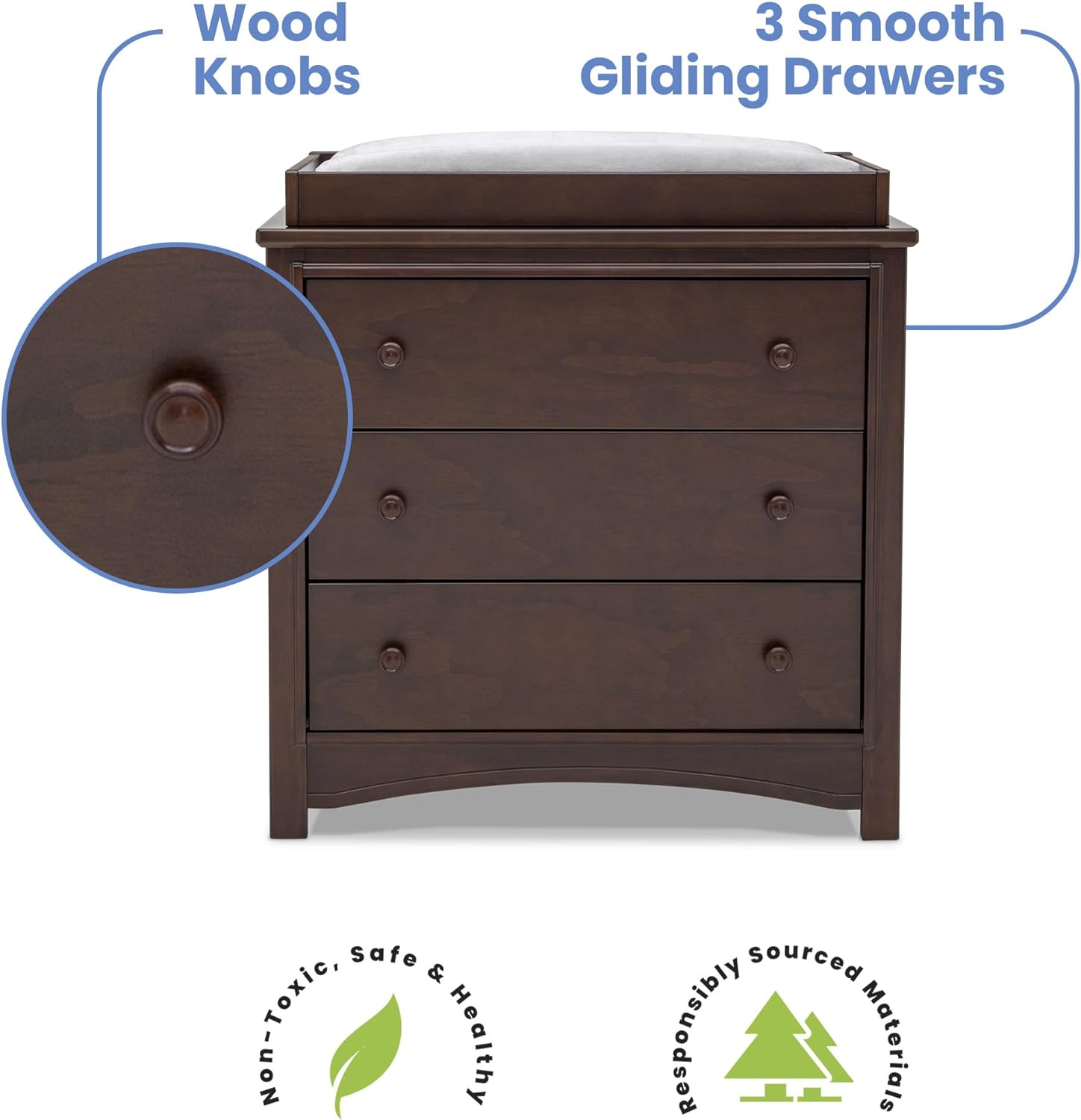 Delta Children Perry 3 Drawer Dresser with Changing Top and Interlocking Drawers, Walnut Espresso