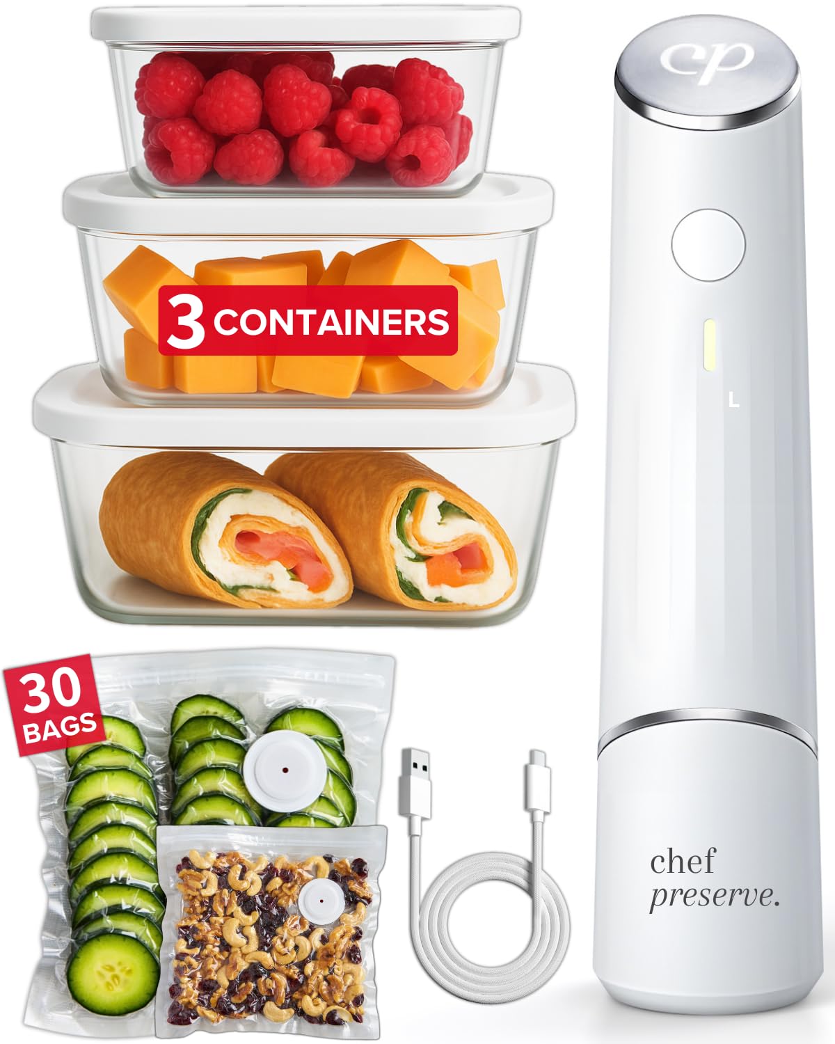 CHEF PRESERVE Compact Vacuum Sealer Machine with Reusable Bags