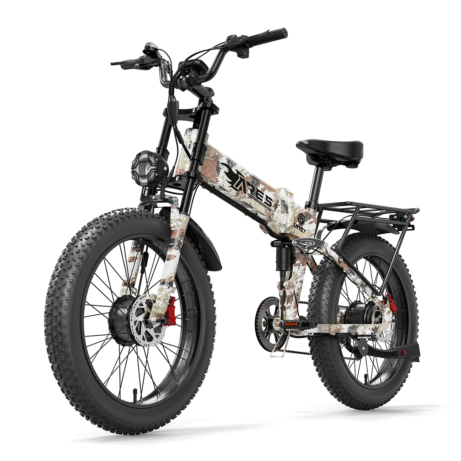 Bicicleta elétrica dobrável de montanha AMYET Ares com motor duplo de 2*1000W, 52V/20Ah - Camuflada