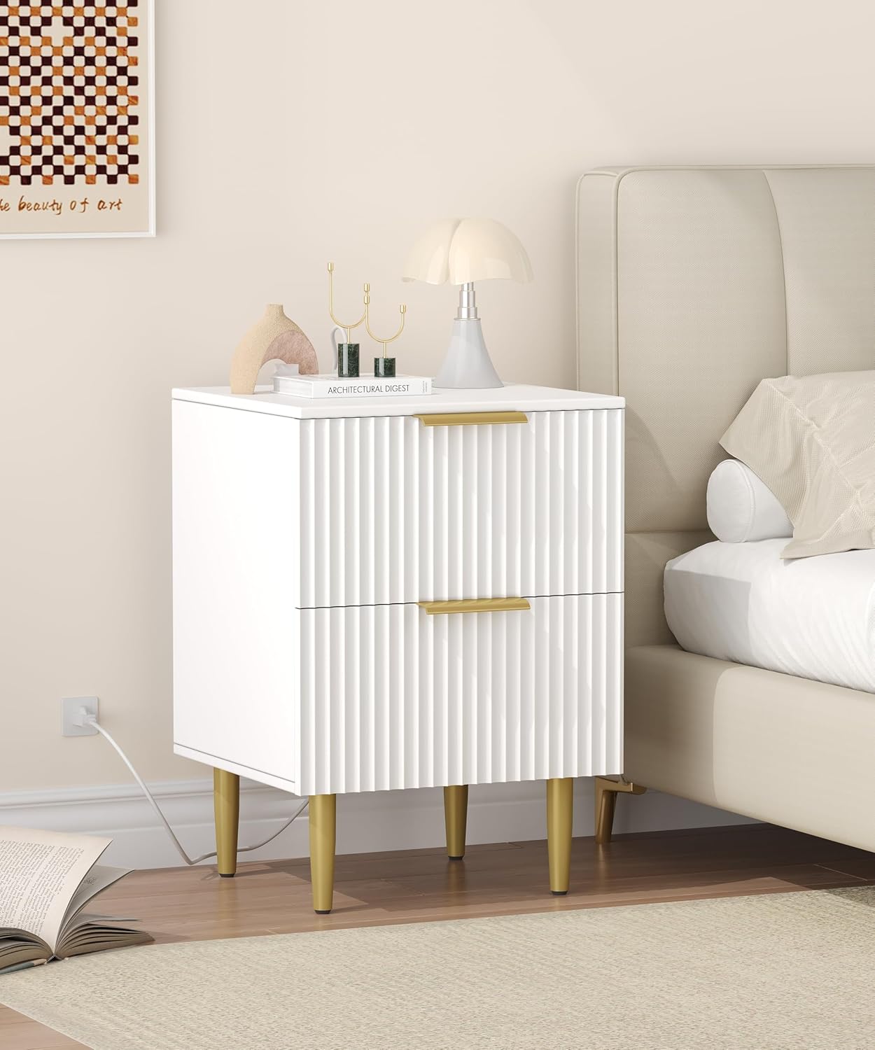 Akxomel White Nightstand Set of 2, Fluted Night Stand with Charging Station, 13.8