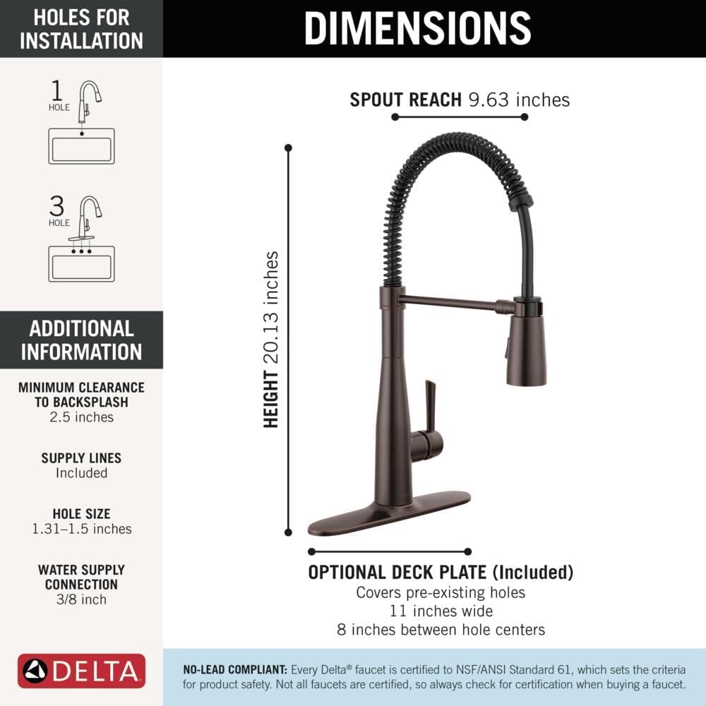 Delta Essa Pro Style Commercial Kitchen Faucet with Pull Down Sprayer, Oil Rubbed Bronze Single Hole Kitchen Sink Faucet, Single Handle, Venetian Bronze 9613-RB-DST