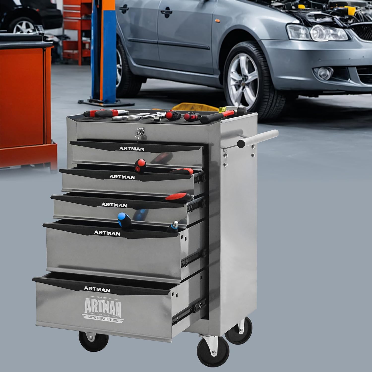 5 Drawers Tool Cart on Wheels, Multifunctional Rolling Tool Chest, Drawers Mobile Trolley Organizer Heavy Duty Tools Box with Locking Wheels & Ball Bearing Drawers (Silver, 5 Drawers)