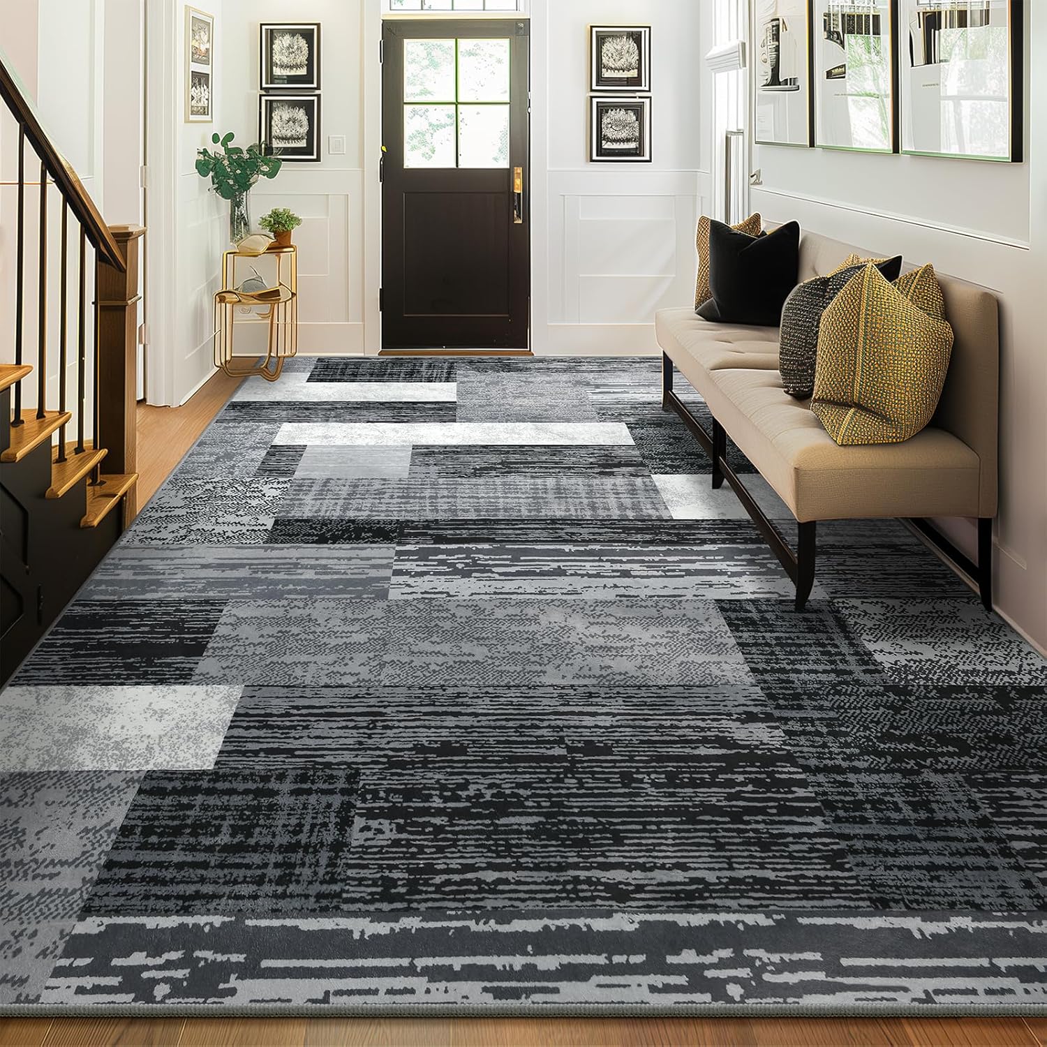 Large Area Rugs,Modern Geometric Patchwork Floor Decor for Bedroom Aesthetic Carpet, Rockwood Collection, Indoor Rugs for Living Room, Dining Room, Nursery, Office, Machine Washable Rug,9x12 Ft Grey