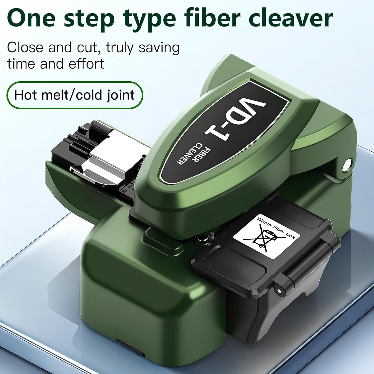 One-Step Fiber optic Cleaver VD-1 automatic Optical Fiber Cutter tool with 3-in-1 Clamp, 28-Position Blade, Detachable waste fiber box for Splicing & Cold Connection, FTTH Telecom & CATV Installation